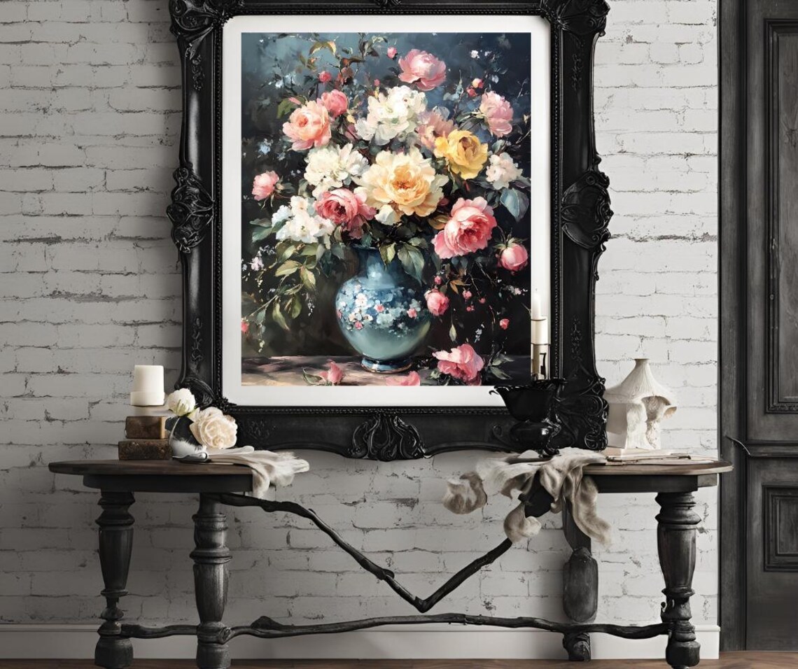 Pink And White Roses Bouquet In Teal Vase Dark Floral Art Poster - Image 4