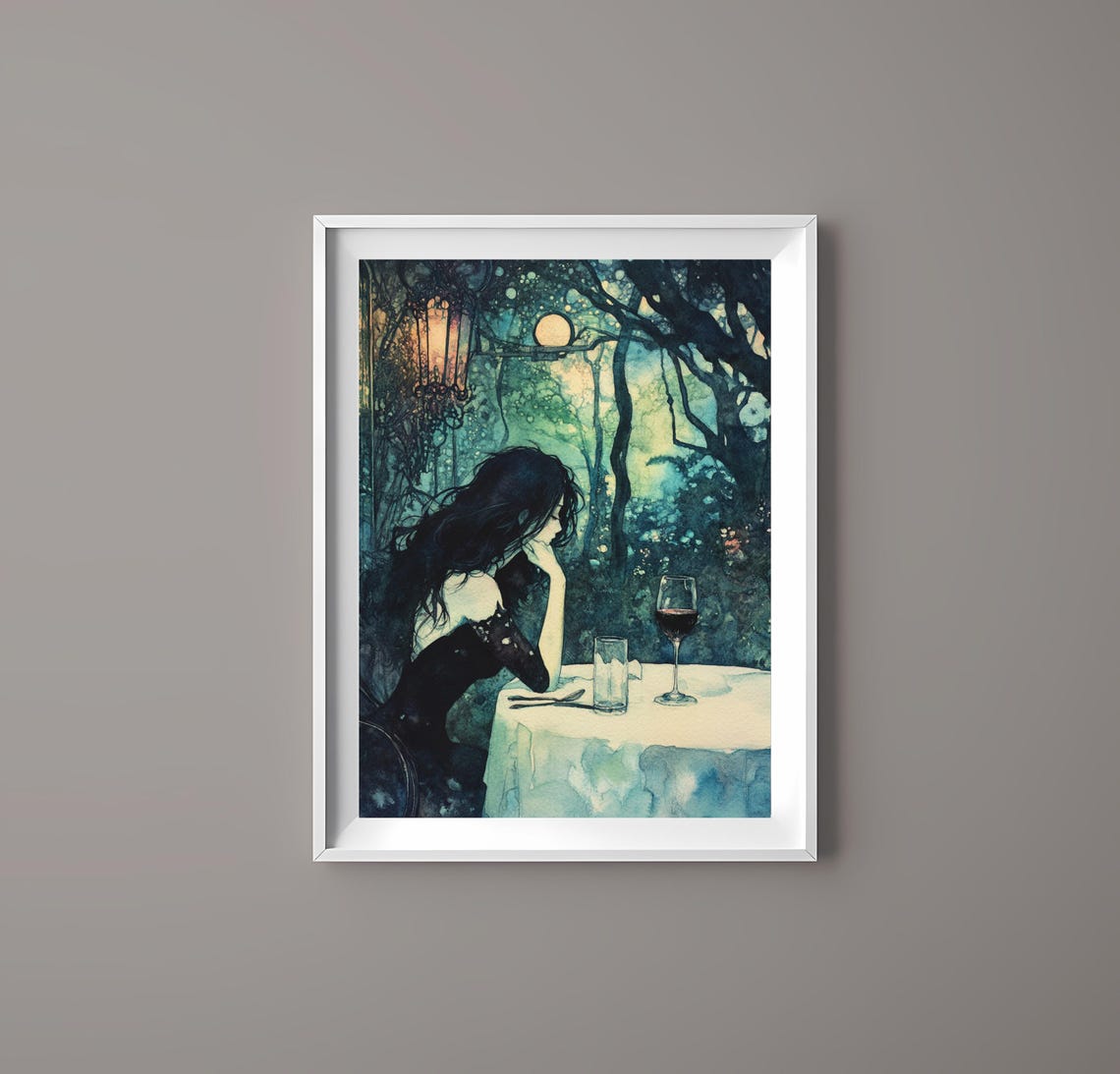 Melancholy Woman with a Glass of Wine at a Moonlit Forest Table Poster - Image 3