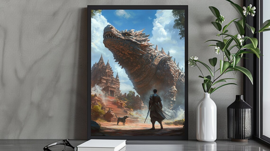 Heroic Dragon Confrontation Art Print Epic Battle Fantasy Art Bold Wall Decor For Adventure Lovers Powerful Dragon Artwork