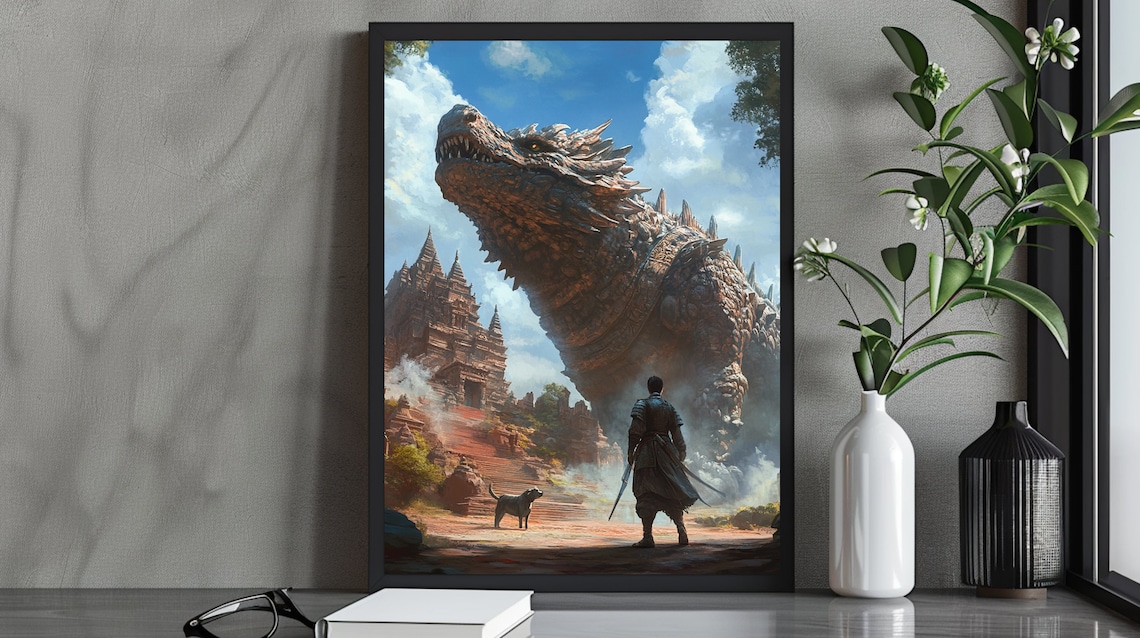 Heroic Warrior Facing Giant Dragon At Ancient Temple Epic Battle Art Poster