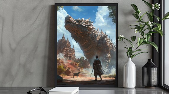 Heroic Dragon Confrontation Art Print Epic Battle Fantasy Art Bold Wall Decor For Adventure Lovers Powerful Dragon Artwork