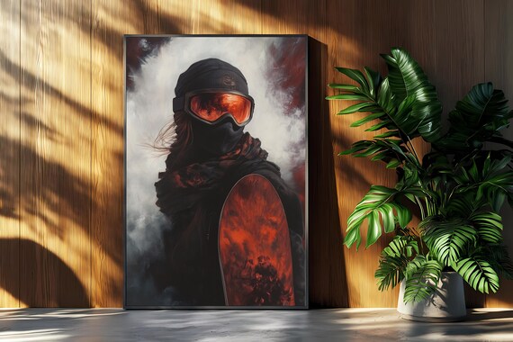 Fiery Red Snowboarder Portrait Orange Goggles Dramatic Winter Poster