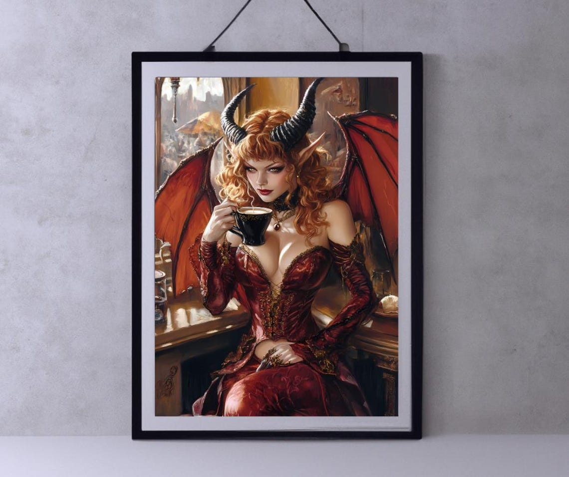 Red-Haired Horned Demon Woman Drinking Coffee Gothic Fantasy Poster