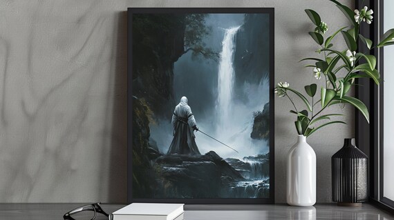 Peaceful Samurai Warrior Waterfall Art Print Zen Japanese Wall Decor In Nature Artwork Gift For Martial Arts Lovers