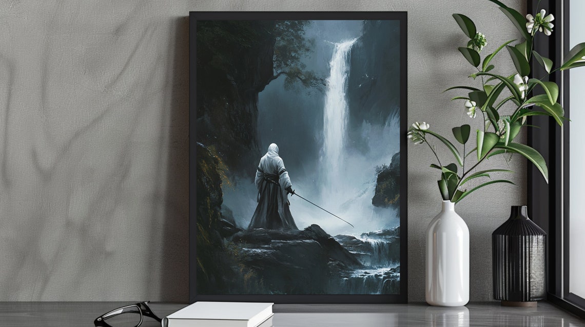 Peaceful Samurai Warrior Waterfall Art Print Zen Japanese Wall Decor In Nature Artwork Gift For Martial Arts Lovers