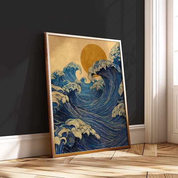 Minimalist Wave Art Print Japanese Ocean With Golden Sun Zen Poster Vintage Blue Line