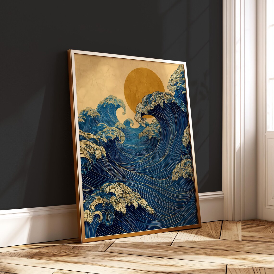 Minimalist Ocean Wave Line Art Golden Sun Japanese Zen Poster