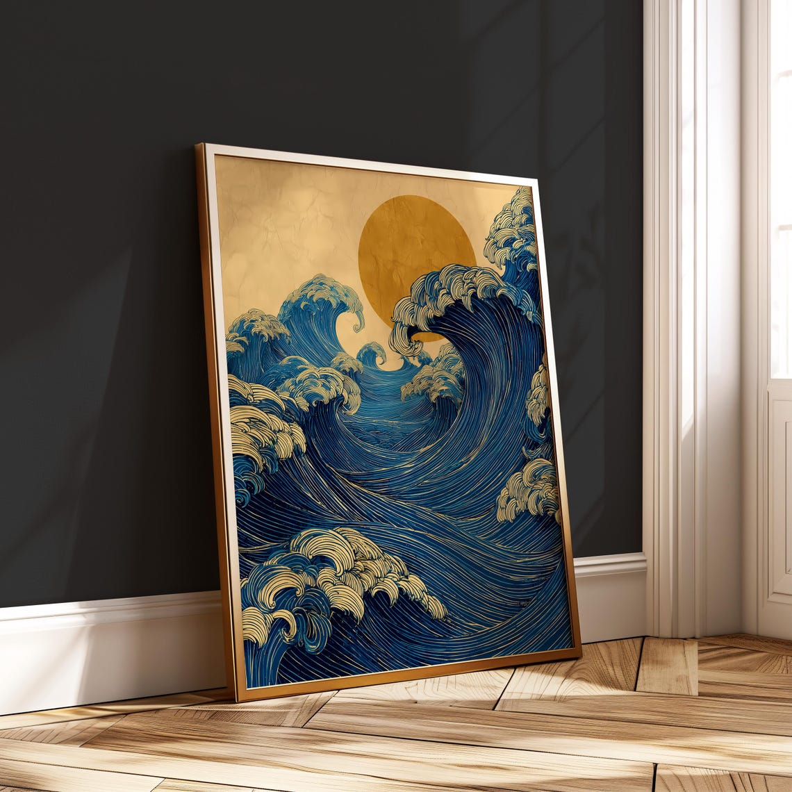 Minimalist Wave Art Print Japanese Ocean With Golden Sun Zen Poster Vintage Blue Line