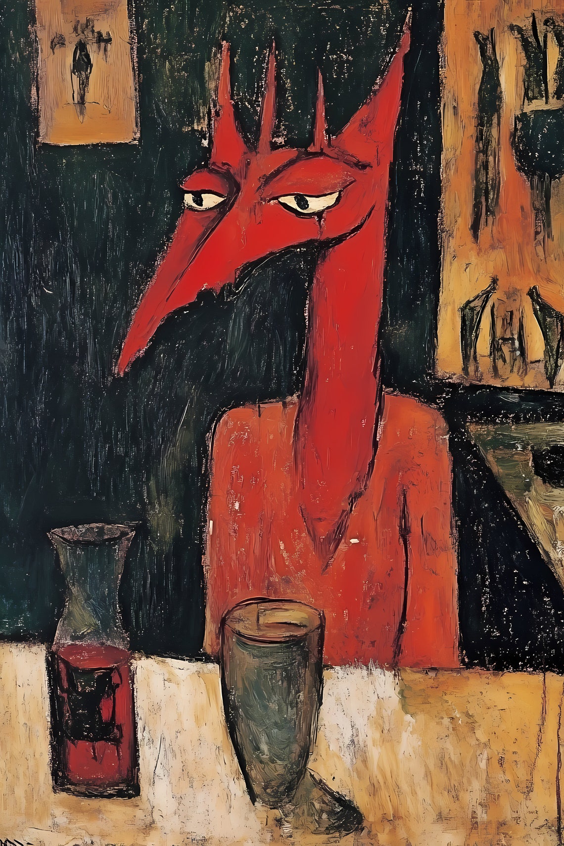 Surreal Red Fox Creature at Table Bold Expressionist Animal Art Poster