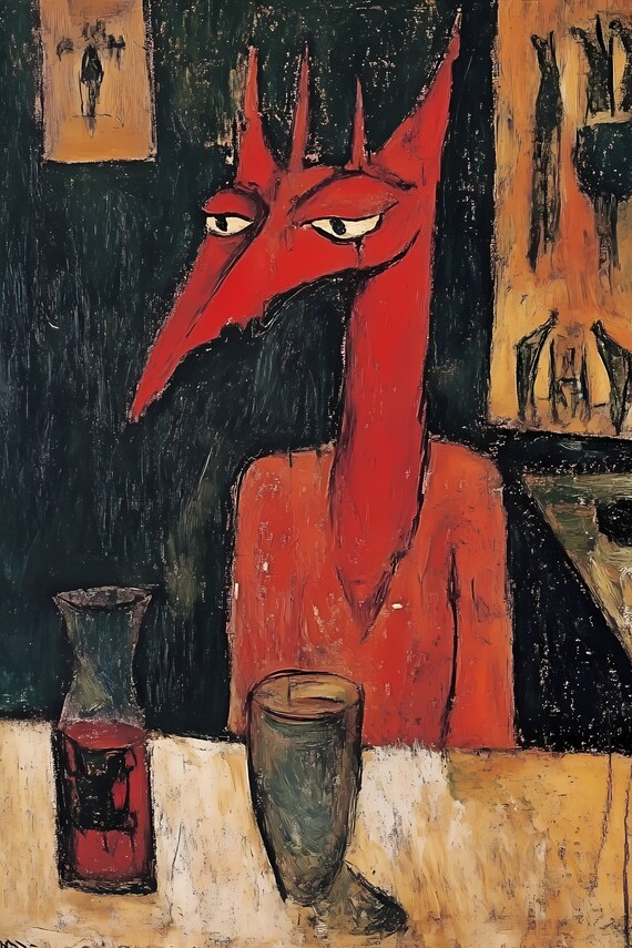 Surreal Red Fox Creature at Table Bold Expressionist Animal Art Poster