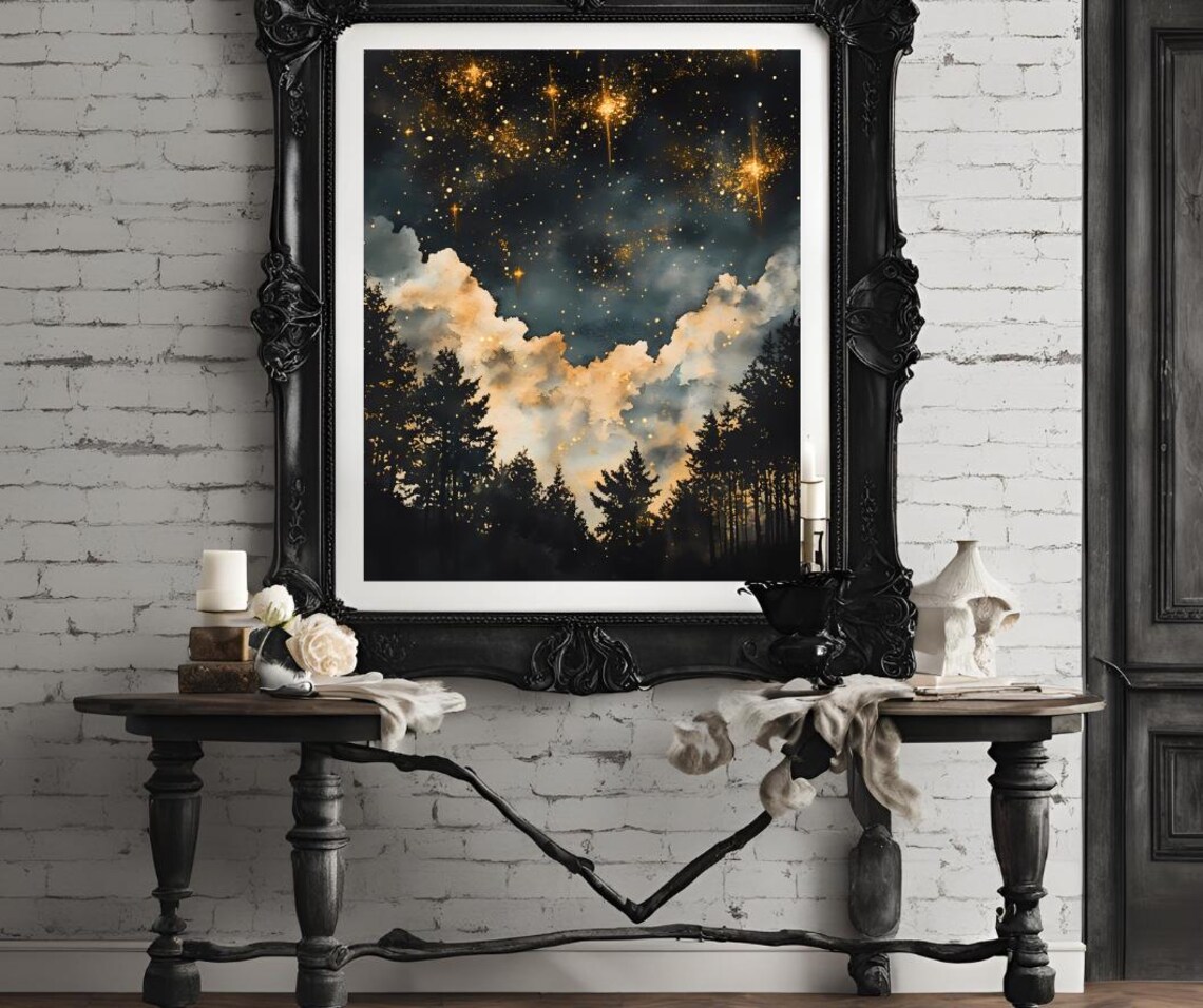 Starry Night Sky Over Pine Forest Silhouettes Golden Hue Poster - Image 4
