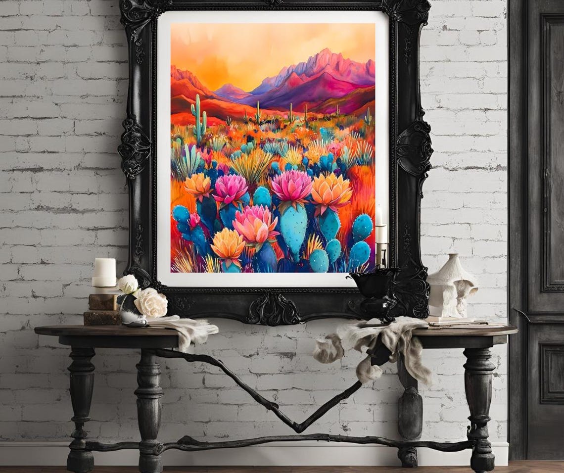 Vibrant Southwest Desert Sunset With Blooming Cacti Mountains Poster - Image 4
