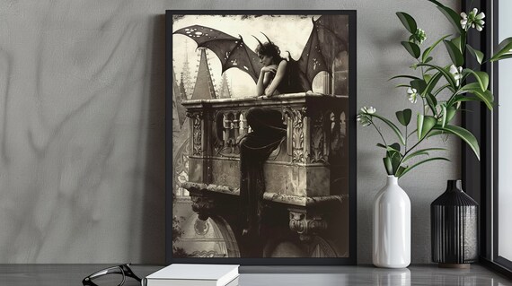 Mysterious Sepia Demon Woman Perched On Gothic Stone Balcony Spires Poster