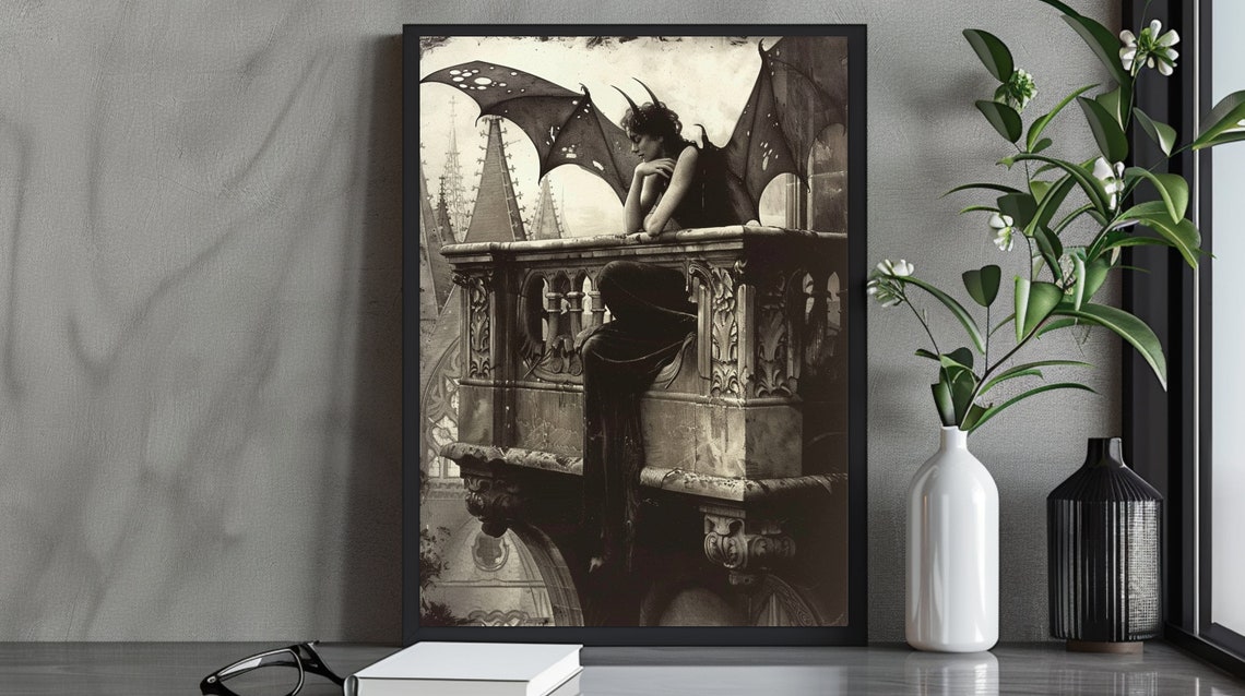 Mysterious Dark Gothic Fantasy Art Print Demon Woman On Gothic Balcony Atmospheric Gothic Home Decor Dark Fantasy Wall Art