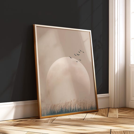 Japandi Full Moon Bird Landscape Art Print