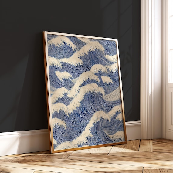 Classic Blue Ocean Wave Engraving Style Japanese Vintage Art Print