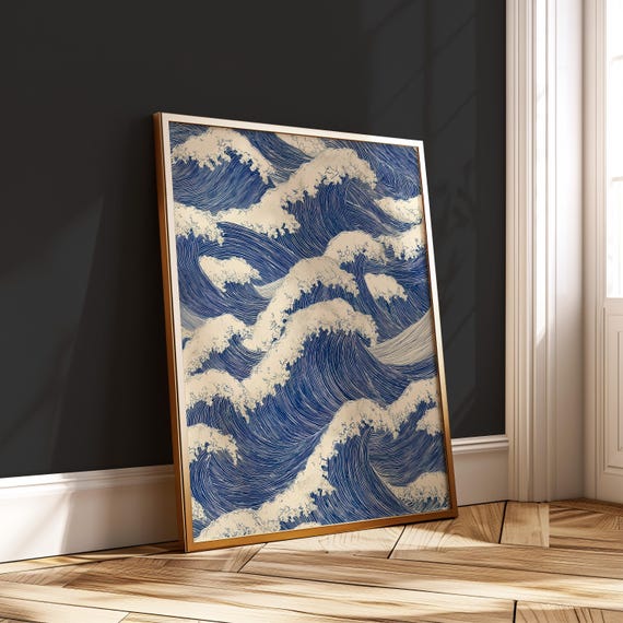 Japanese Ocean Waves Print Classic Blue Wave Poster Hokusai Inspired Wall Art Zen Coastal Decor