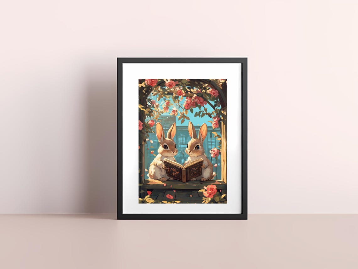 Two Cute Bunnies Reading a Book Under a Rose Arch Illustration Poster - Image 4
