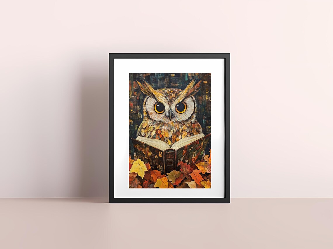 Whimsical Wide-Eyed Owl Reading a Book Among Autumn Leaves Poster