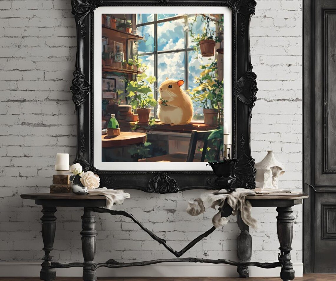 Cozy Hamster Botanical Window Sunny Anime Style Animal Art Poster - Image 4