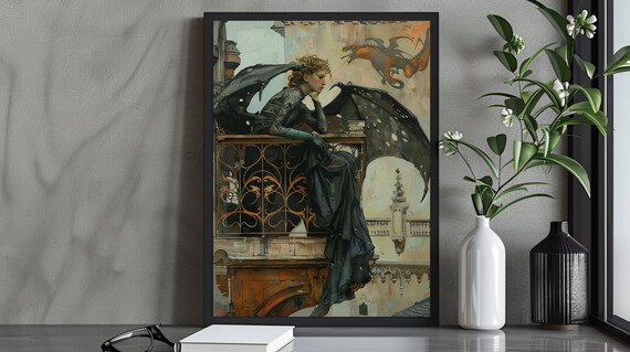 Gothic Dragon Winged Woman Art Print Mysterious Fantasy Lady On Balcony Dark Gothic Wall Art Enigmatic Ethereal Decor