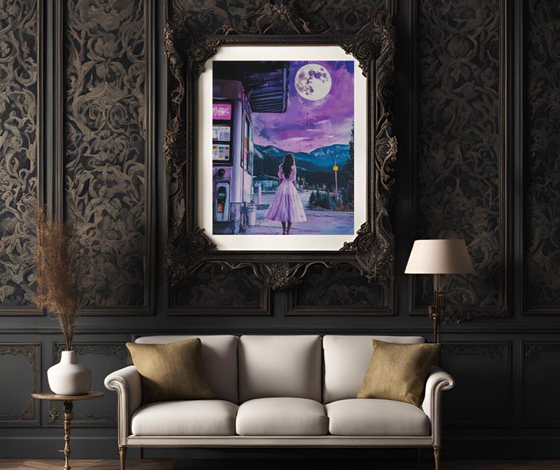 Woman at a Gas Station Under a Giant Full Moon Night Art Poster - Image 3