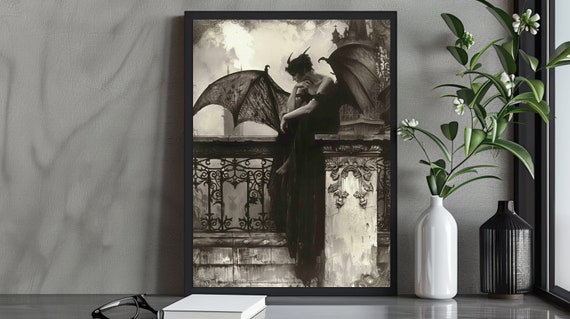 Gothic Fantasy Art Print Contemplative Dark Angel On Ornate Balcony Mysterious Gothic Decor Atmospheric Dark Fantasy Wall Art