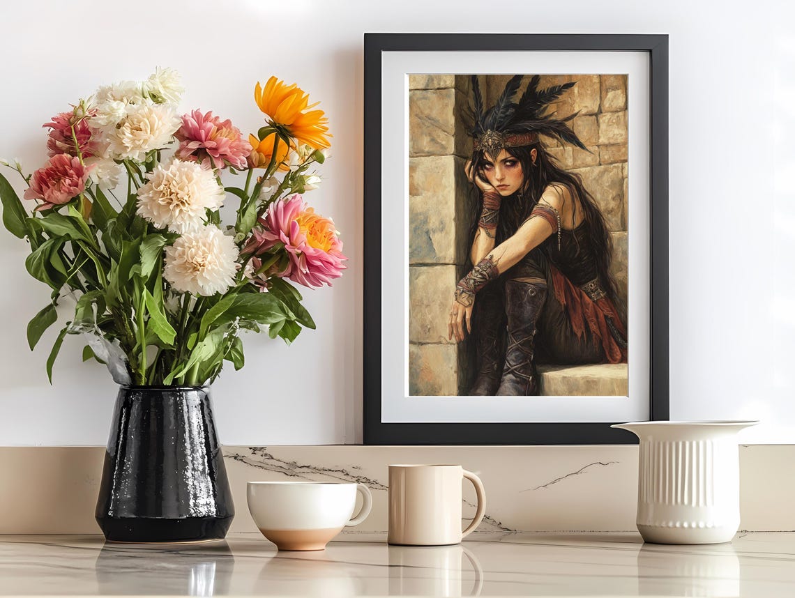 Fantasy Warrior Art Woman With Feathered Headdress Bold Wall Art - Image 2