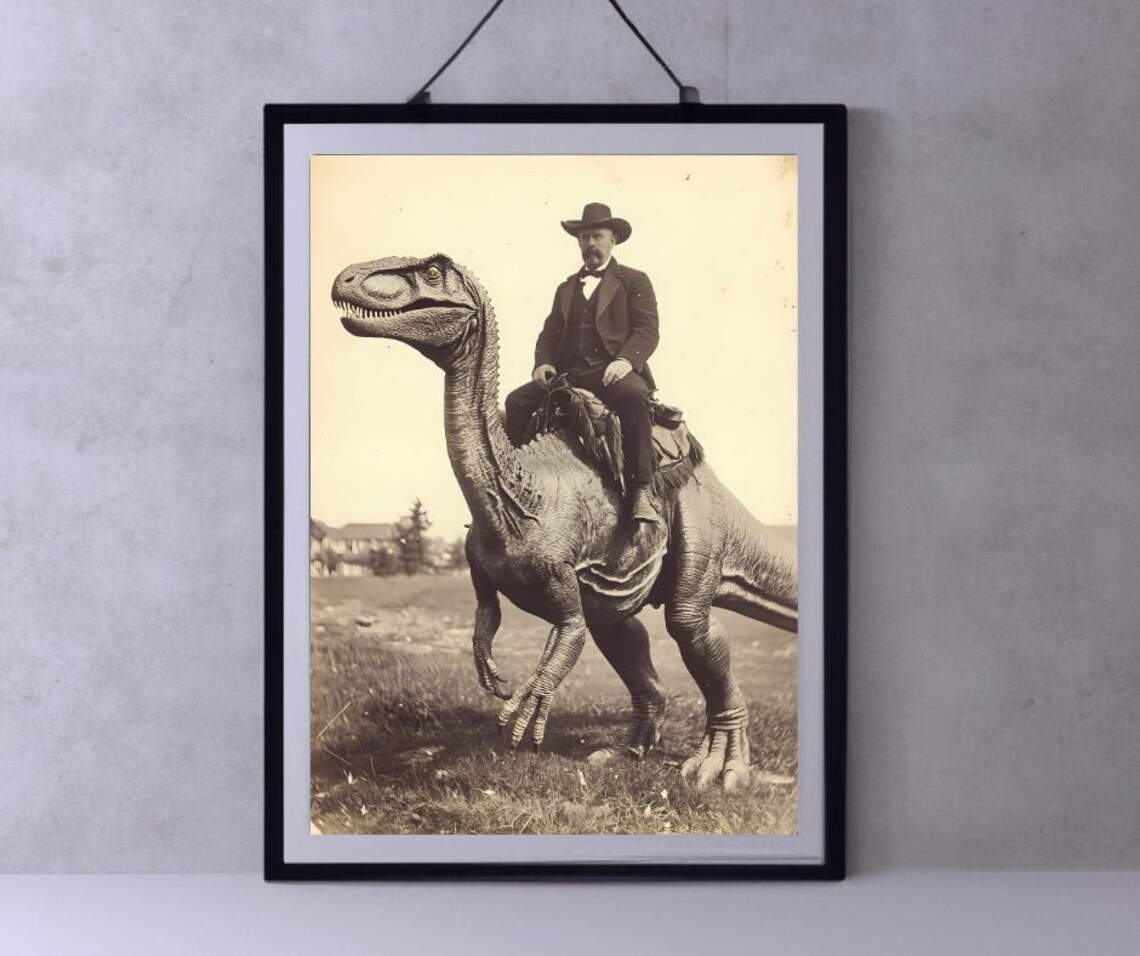 Dinosaur Cowboy Vintage Gothic Western Art Print
