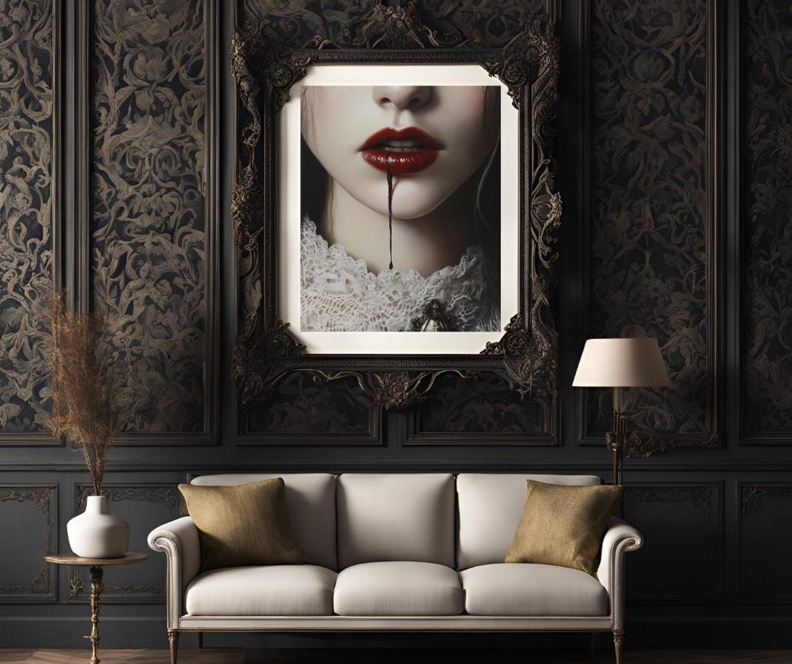 Dark Romance Gothic Vampire Woman Art Portrait Dark Moody Oil Painting Dark Academia Decor Blood Art Instant Print - Image 3