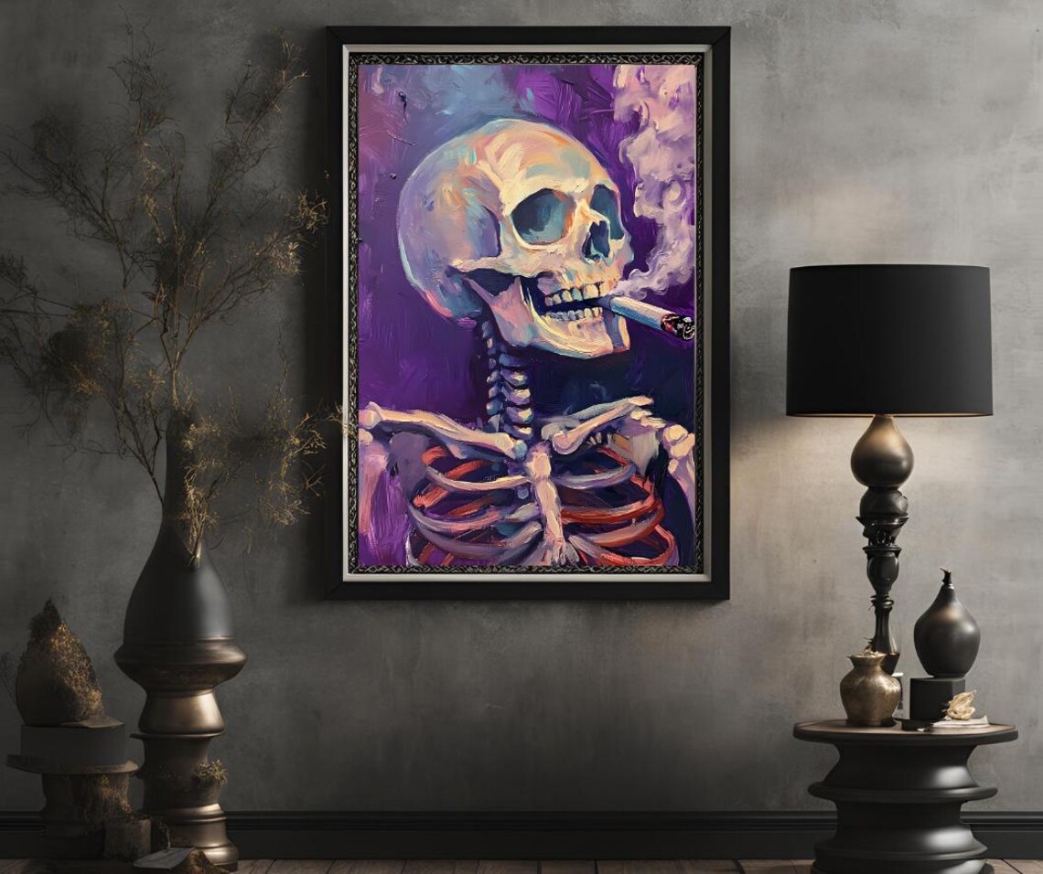 Skeleton Smoking Cigarette in Colorful Purple Impasto Art Poster - Image 2