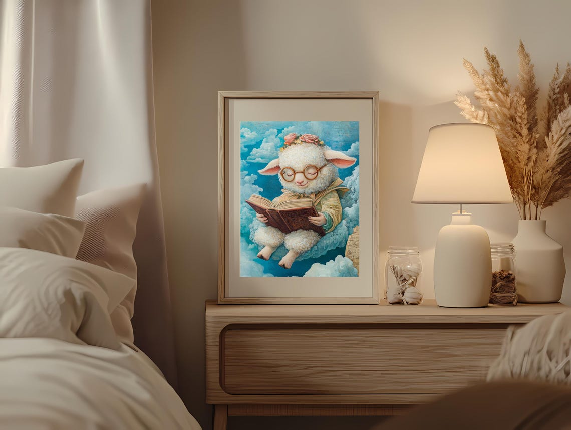 Cute Sheep Reading Book On Clouds With Glasses Whimsical Animal Poster - Image 2