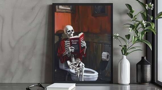 Skeleton Reading Darwin's Origin on Toilet in Orange Bathroom Poster