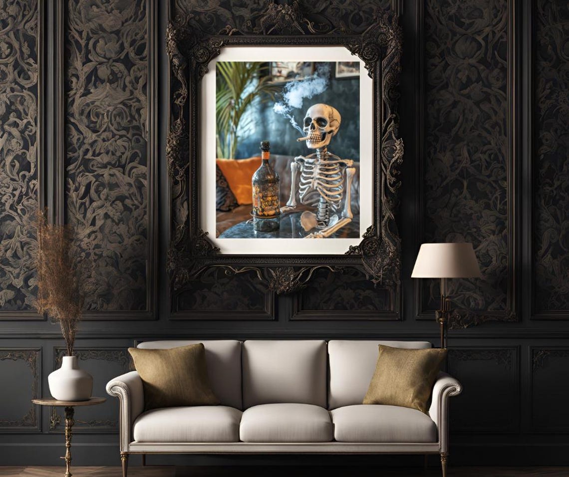 Skeleton Smoking Cigarette Beside Bottle Photorealistic Bar Poster - Image 3