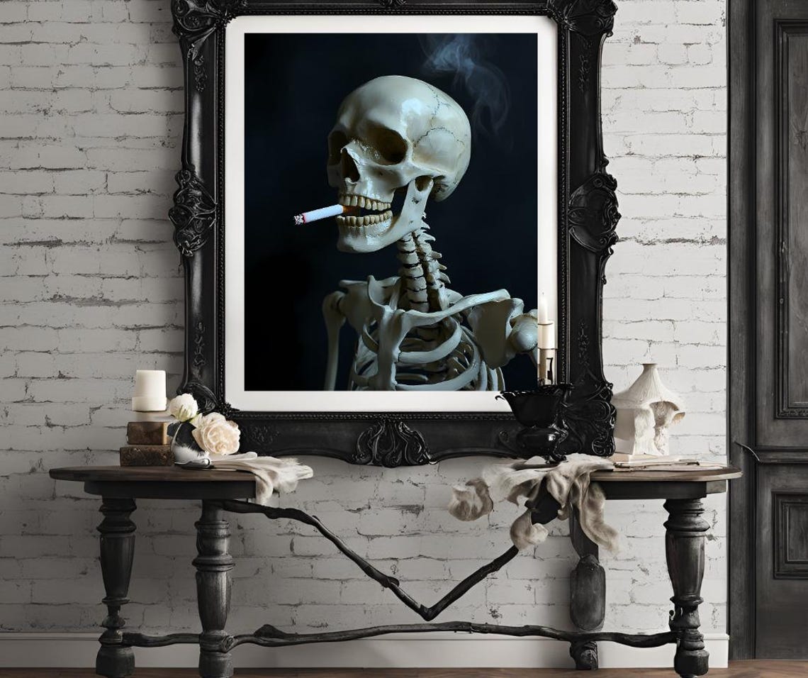 Photorealistic Skeleton Smoking Cigarette on Dark Background Poster - Image 4