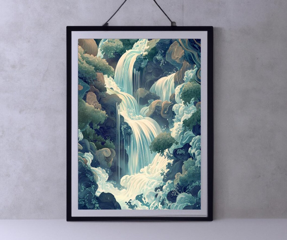 Japanese Style Waterfall Painting Blue Green Cascades Art Poster