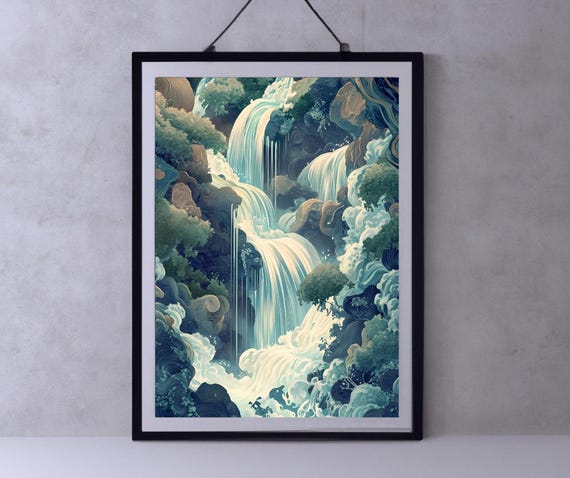 Hokusai Ukiyo E Framed Japanese Waterfall Wall Art Landscape Poster Print Blue Green Japanese Home Decor