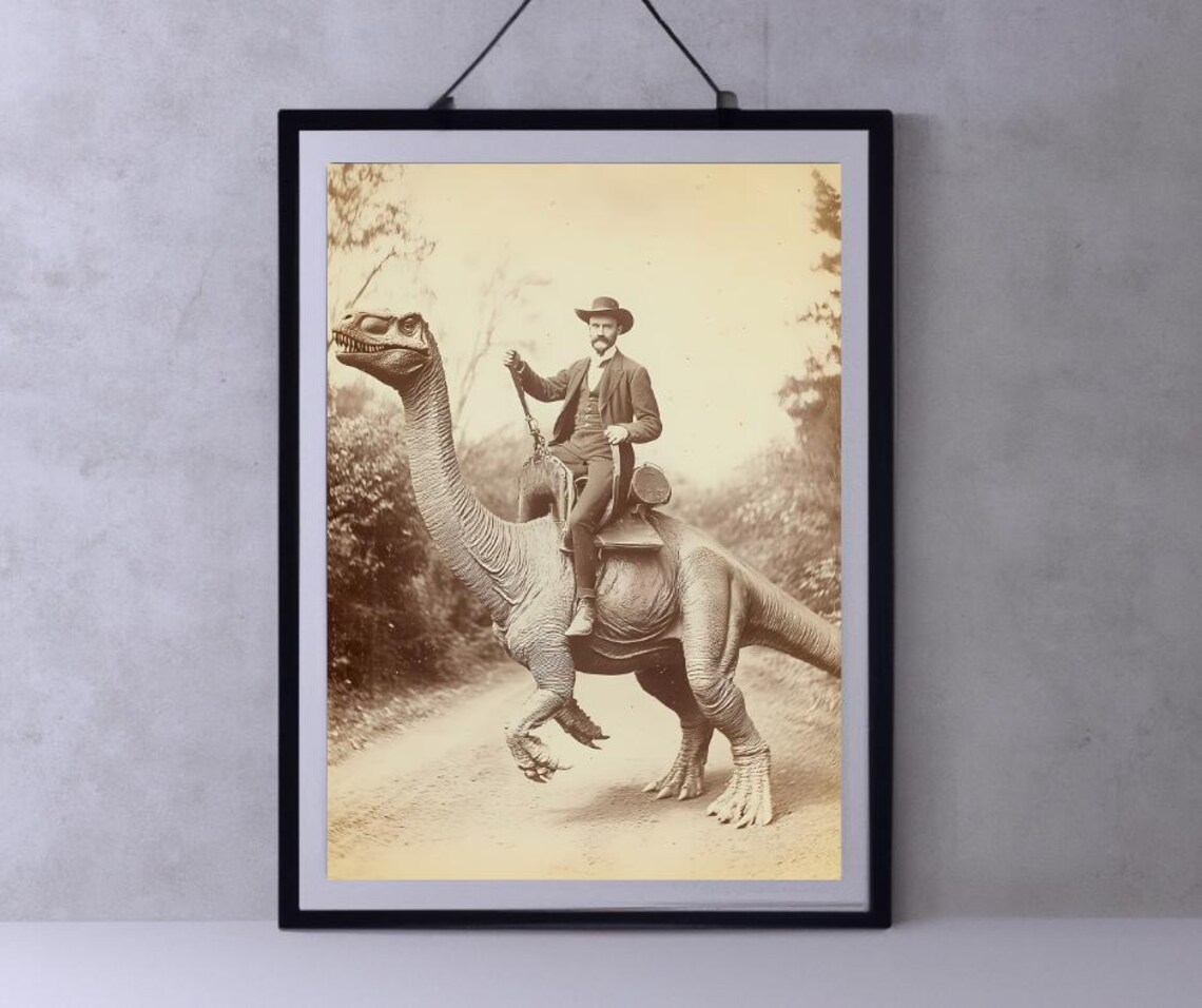Dinosaur Cowboy Vintage Photography Poster, Gothic Western