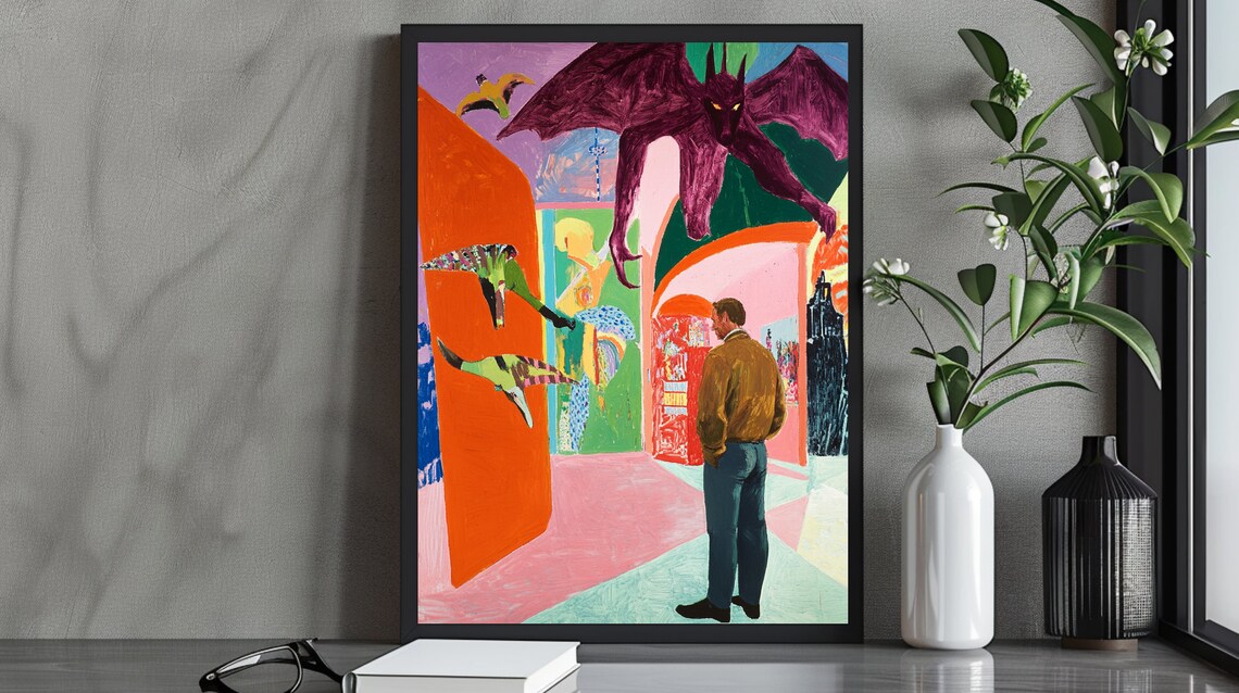 Vibrant Surreal Fantasy Gallery Scene With Winged Creatures Art Poster