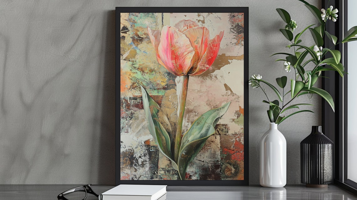 Pink Tulip Bloom on Warm Abstract Textured Floral Art Poster