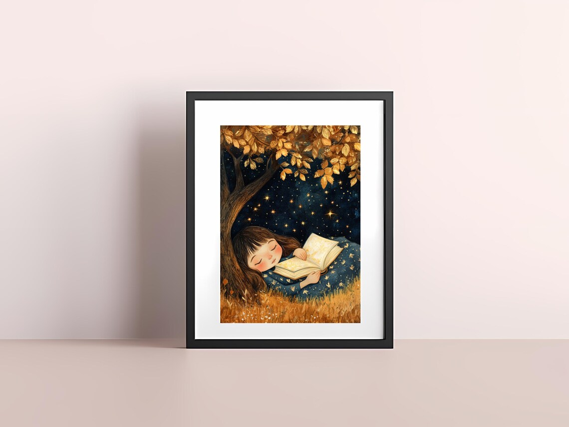 Little Girl Reading Under Starry Night Tree Dreamy Book Lover Poster
