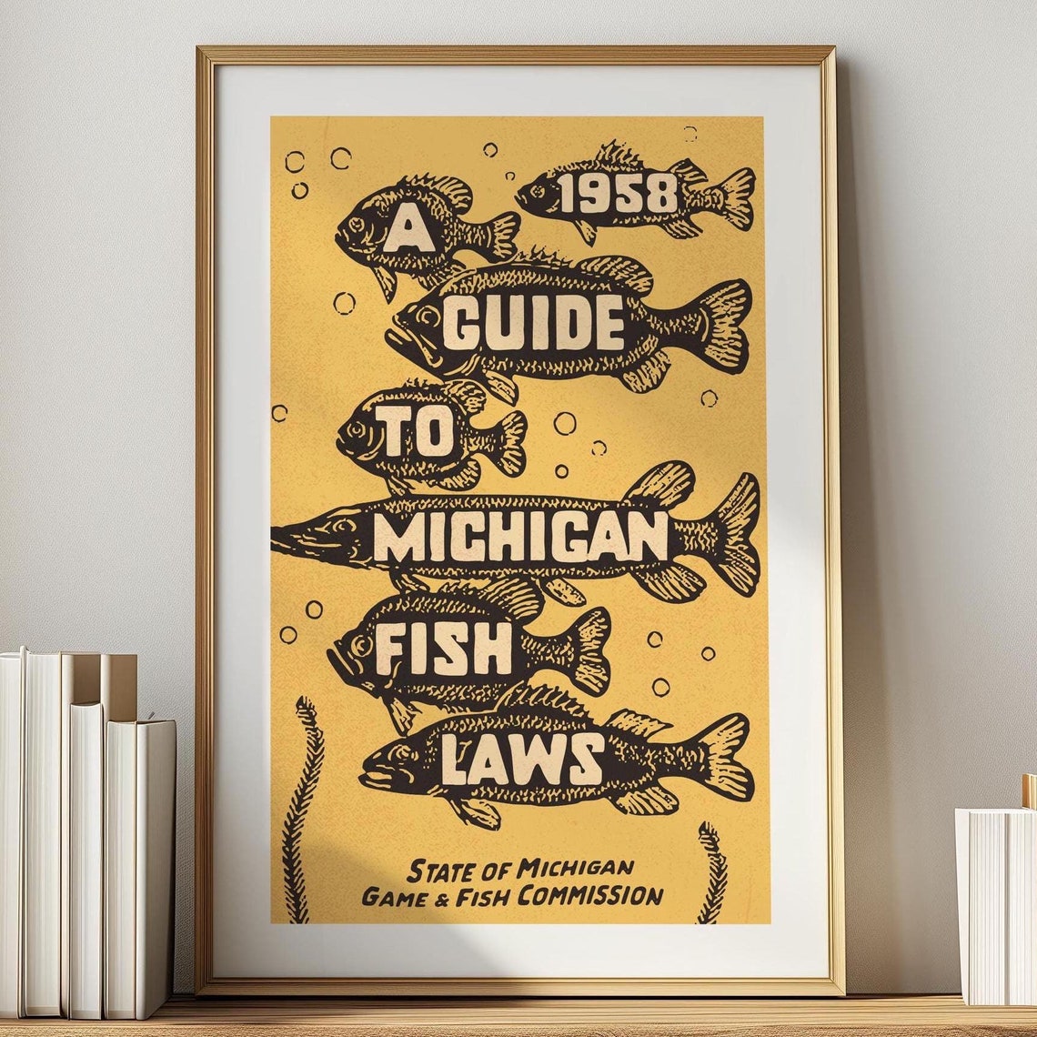 Michigan Fish Laws 1958 Vintage Guide Gold Angler Print Poster