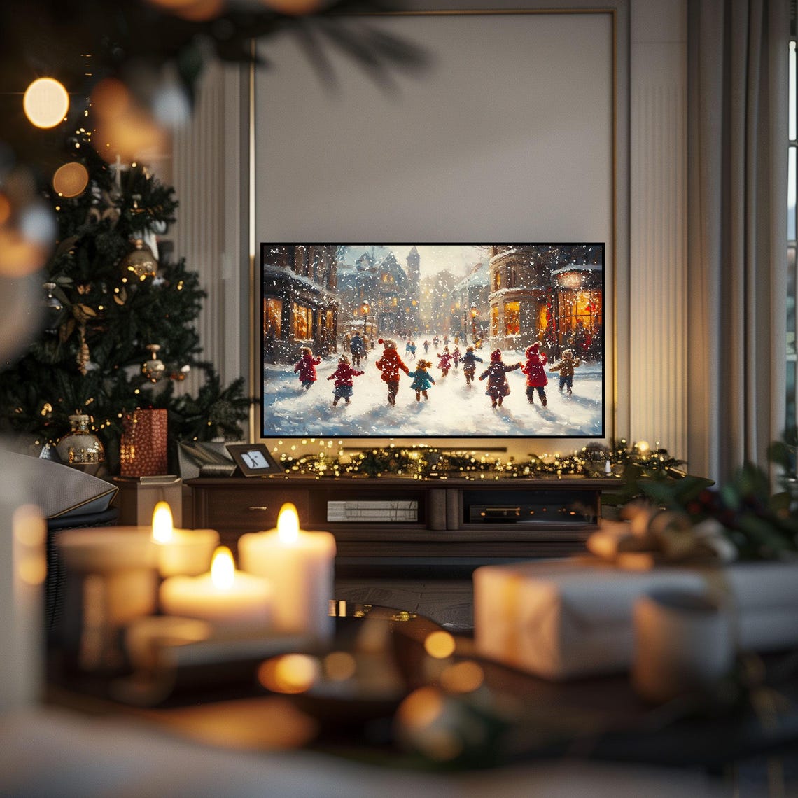Snowy Village Street Children Christmas Frame Tv Holiday Poster - Image 3