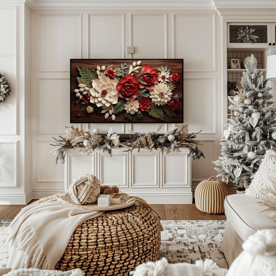 Red Cream Floral Christmas Paper Flower Winter Botanical Poster - Image 2