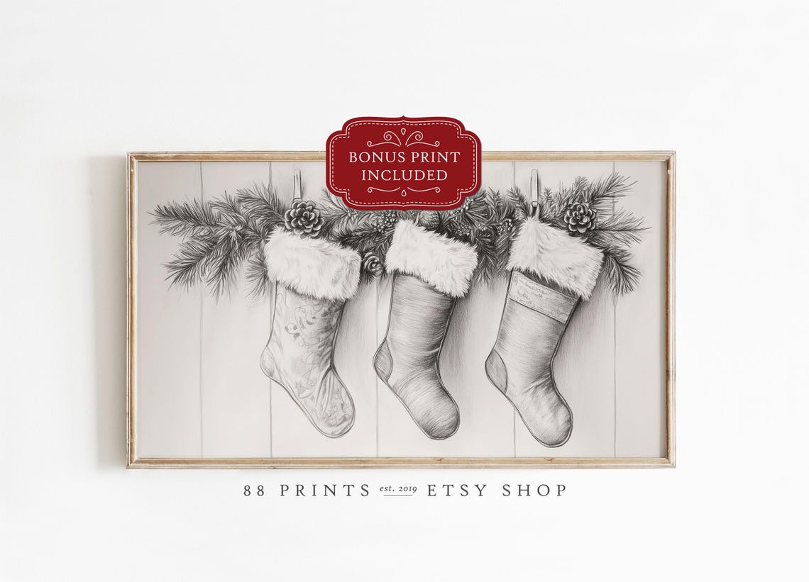 Christmas Stockings Sketch Pine Garland Holiday Mantel Decor Poster