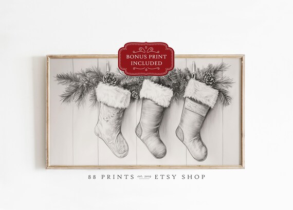 Christmas Stockings Sketch Pine Garland Holiday Mantel Decor Poster