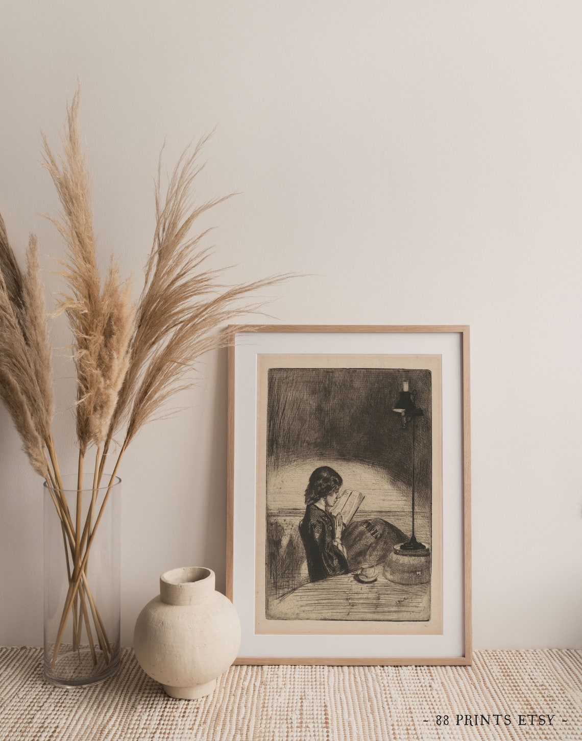 Vintage Woman Reading by Lamplight Etching Dark Academia Poster - Image 4