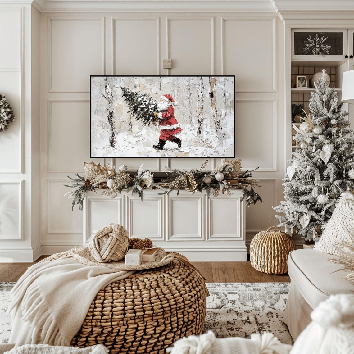 Festive Santa Carrying Tree Snowy Christmas Frame TV Art Poster - Image 2