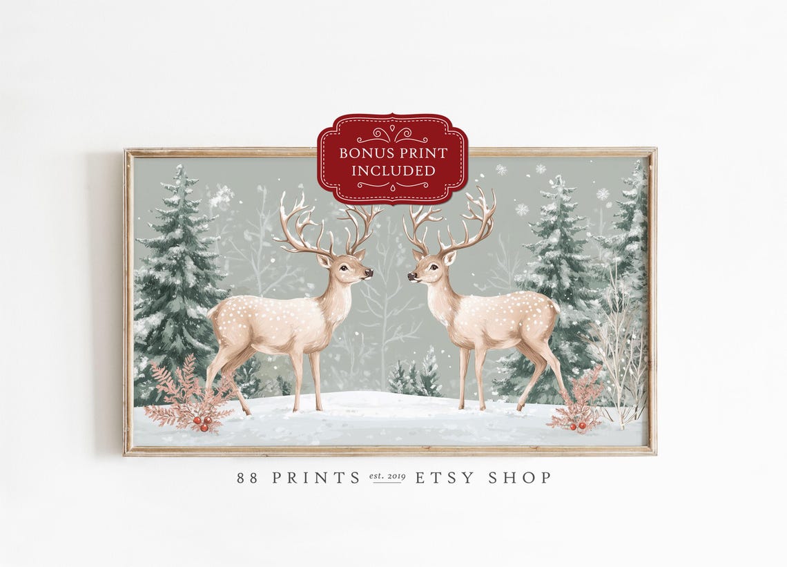 Two Spotted Deer in Snowy Winter Forest Wildlife Scene Poster