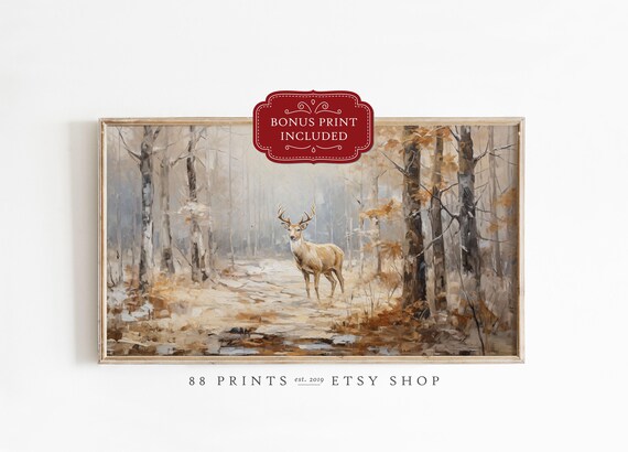 Whitetail Deer Buck Autumn Birch Forest Wildlife Painting Poster